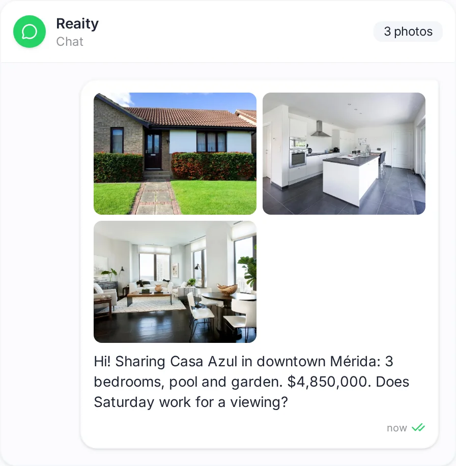 A WhatsApp draft for the same listing, with three photos and a message written from the property facts