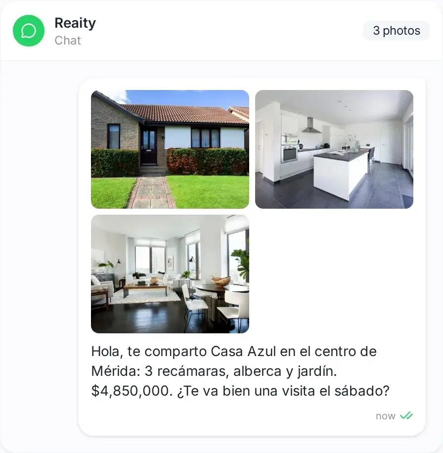 A WhatsApp draft for the same listing, with three photos and a message written from the property facts